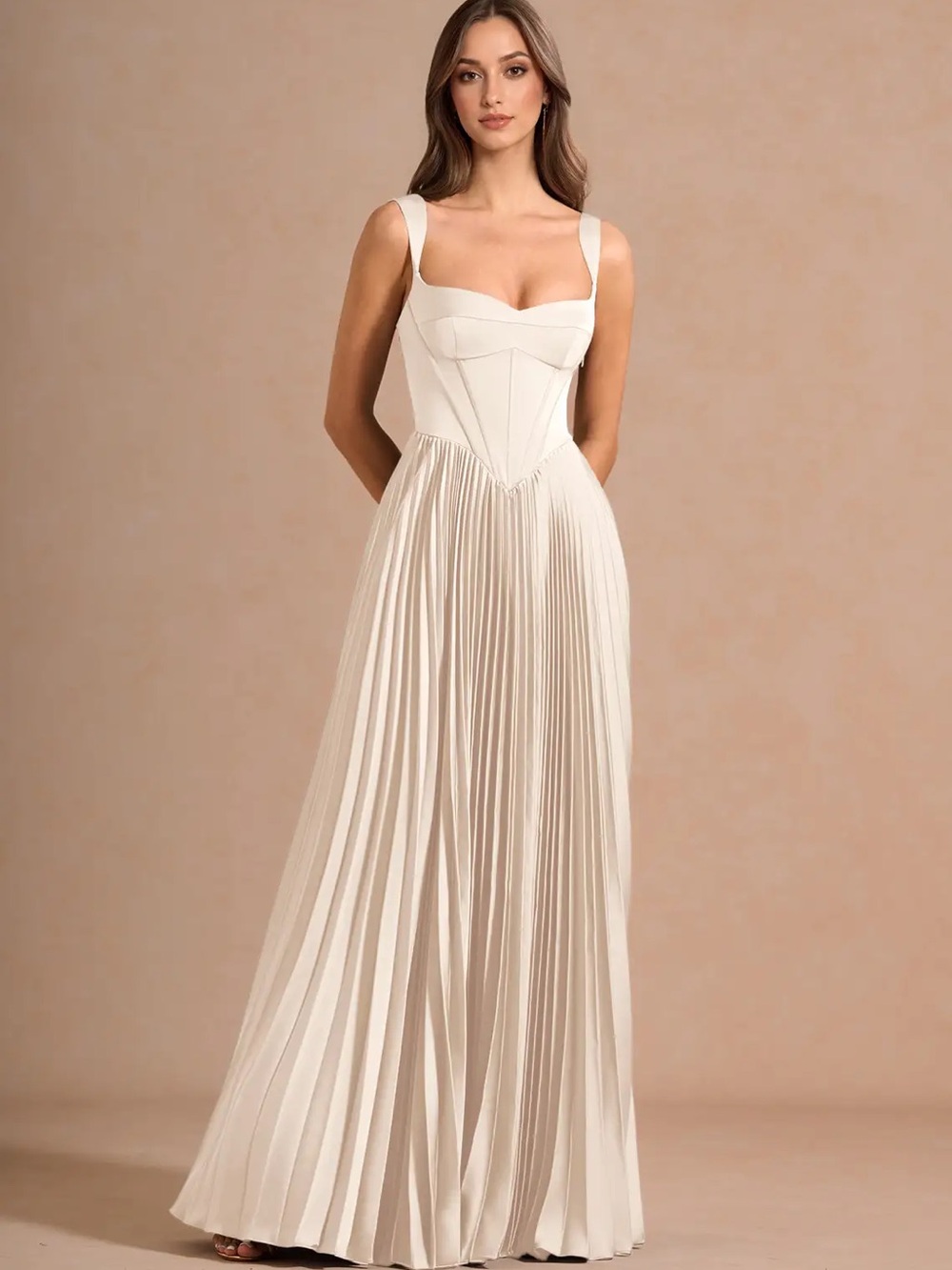 Azazie Cream Pleated Corset Maxi Dress